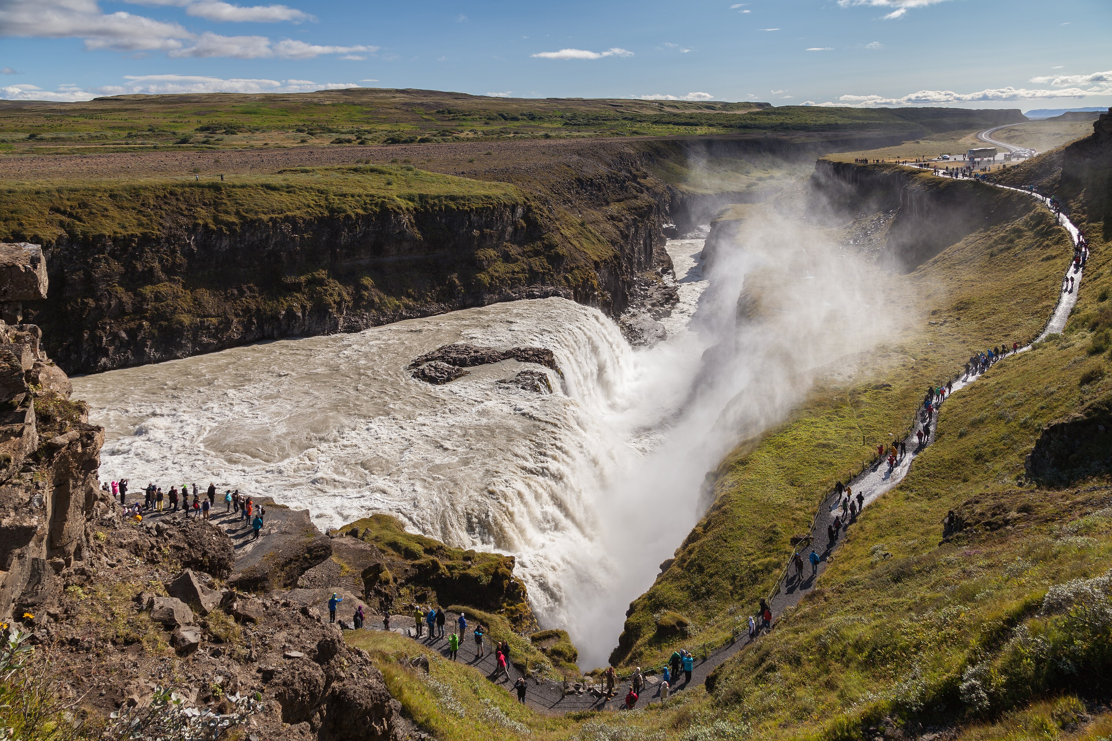 Gullfoss, the two-stage waterfall on the Hvítá in a wide canyon